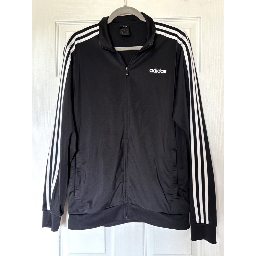 Adidas Mens Black White 3 Stripe Full Zip Track Jacket Large Recycled Polyester